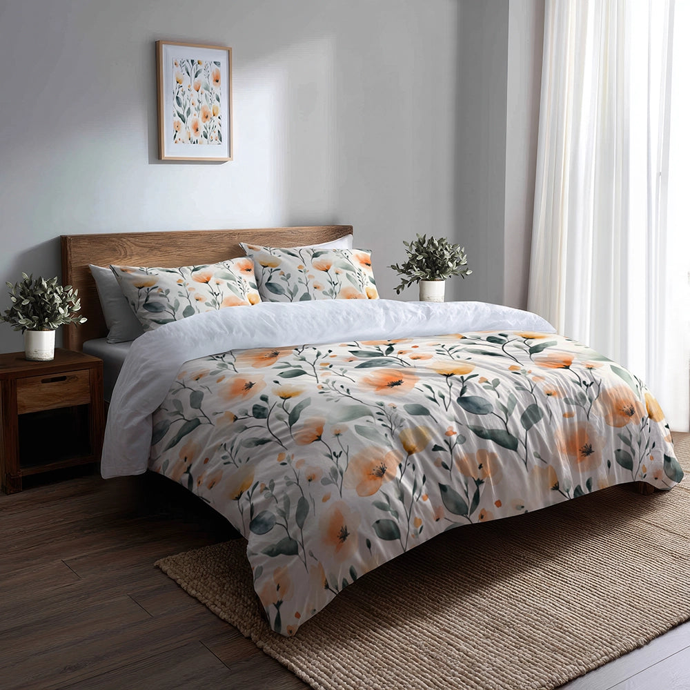 Boho Bedding Set of 3 - Orange And Green Meadow Flowers Duvet Cover Set