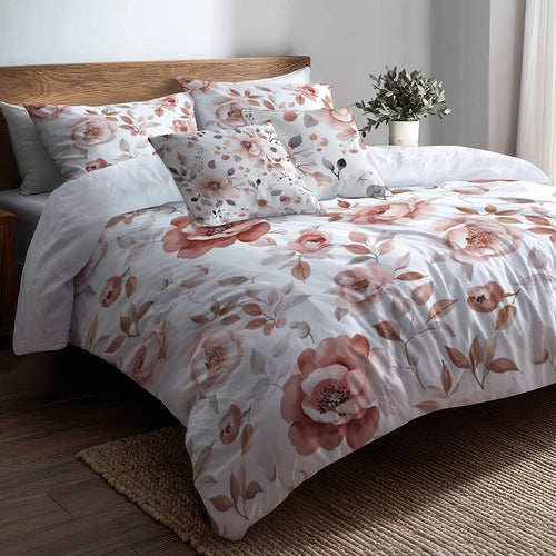 Floral Duvet Cover Set of 5 - Pink And Grey Dusty Bloom Bedding And Throw Pillow Set