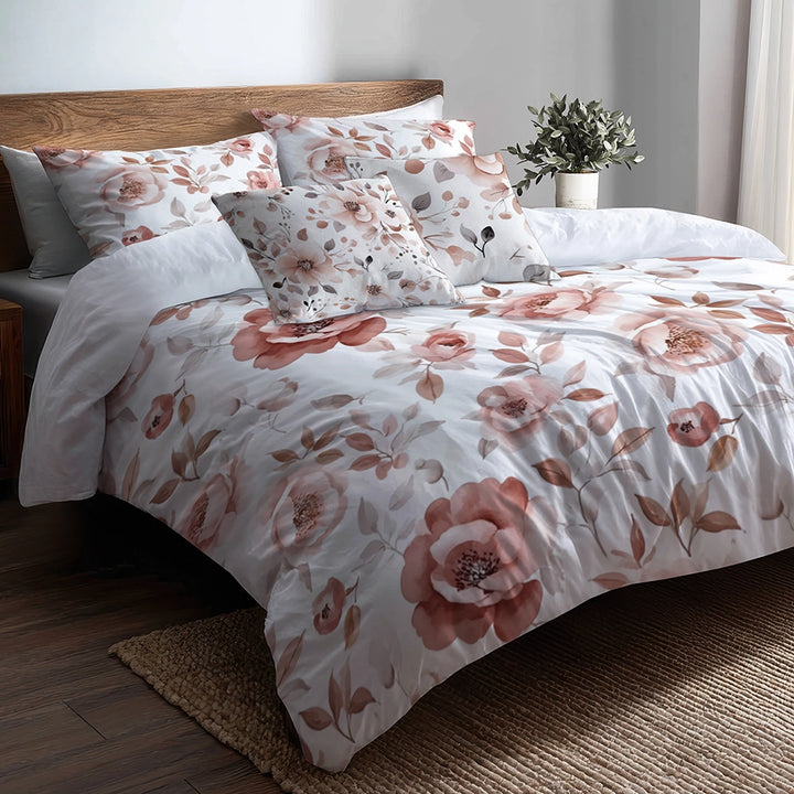 Floral Duvet Cover Set of 5 - Pink And Grey Dusty Bloom Bedding And Throw Pillow Set