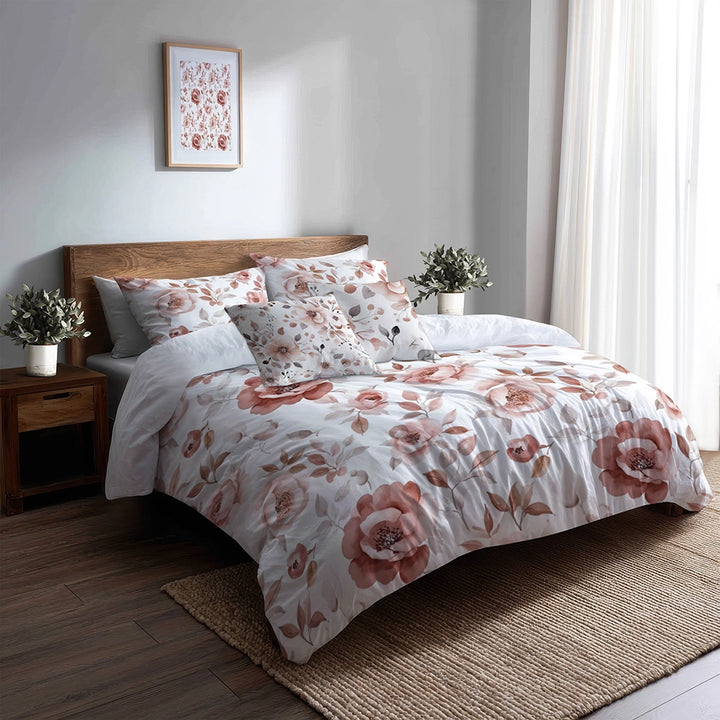 Floral Duvet Cover Set of 5 - Pink And Grey Dusty Bloom Bedding And Throw Pillow Set