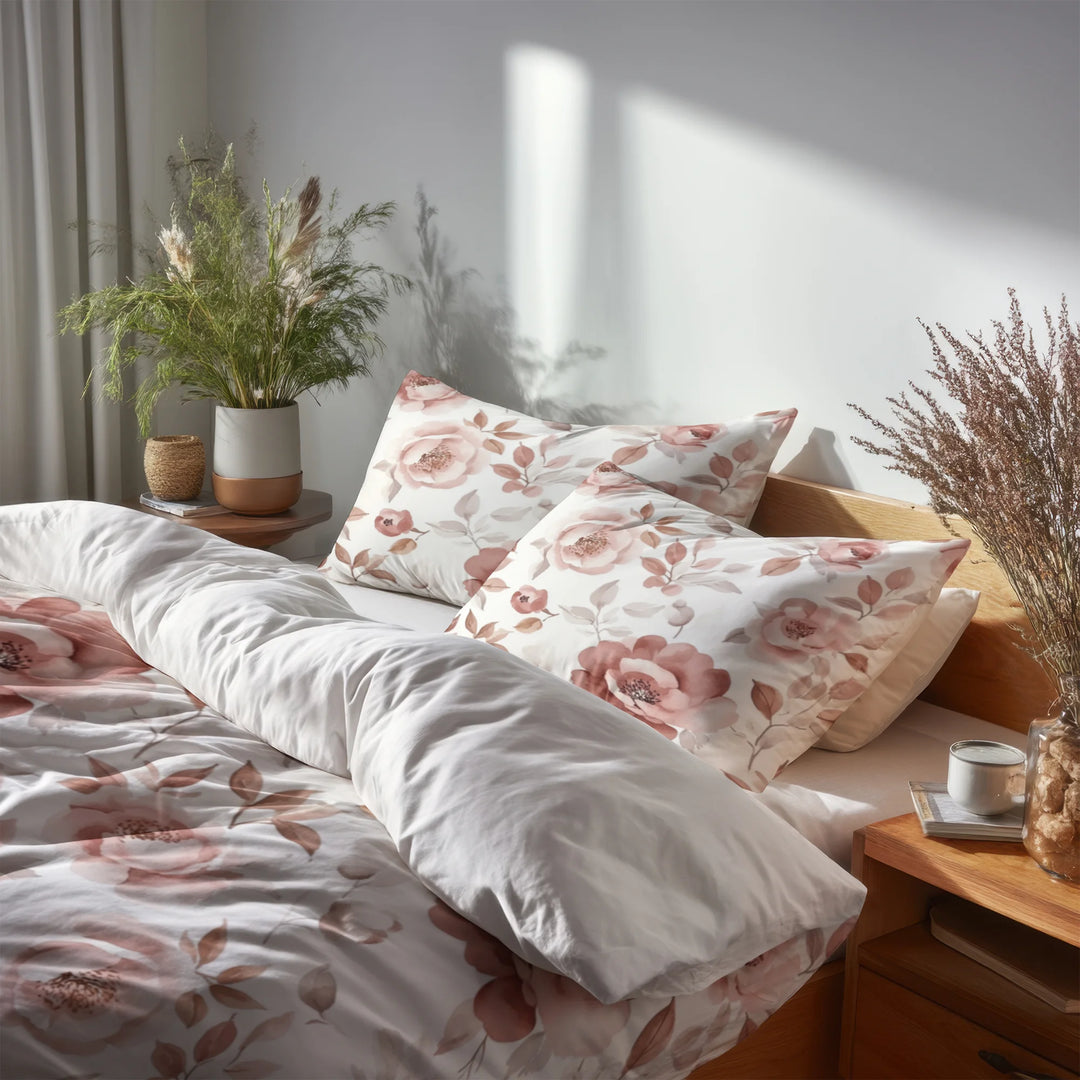 Floral Duvet Cover Set of 5 - Pink And Grey Dusty Bloom Bedding And Throw Pillow Set