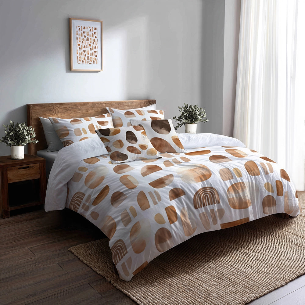Geometric Bedding Set 5 Pcs - Brown And Beige Cocoa Shapes Duvet Cover And Throw Pillow Set