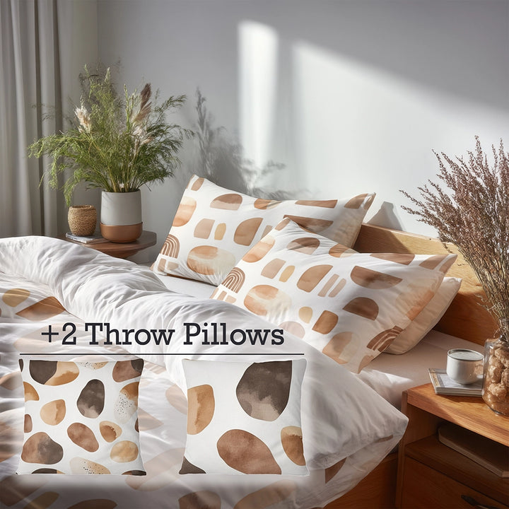 Geometric Bedding Set 5 Pcs - Brown And Beige Cocoa Shapes Duvet Cover And Throw Pillow Set