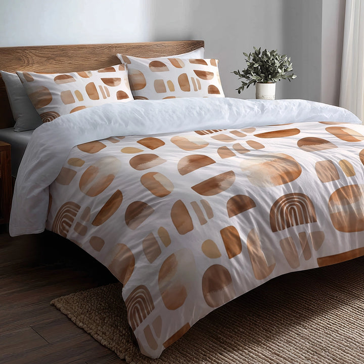 Geometric Bedding Set 5 Pcs - Brown And Beige Cocoa Shapes Duvet Cover And Throw Pillow Set