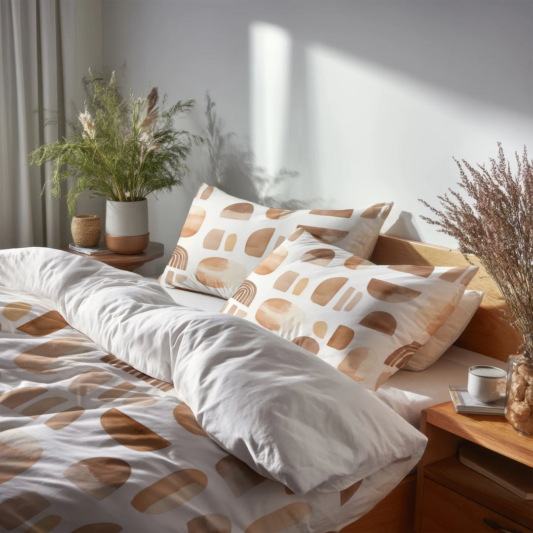 Geometric Bedding Set 5 Pcs - Brown And Beige Cocoa Shapes Duvet Cover And Throw Pillow Set