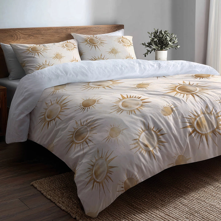 Boho Bedding Set 3 Pcs - Gold And Beige Ethereal Sun Duvet Cover Set