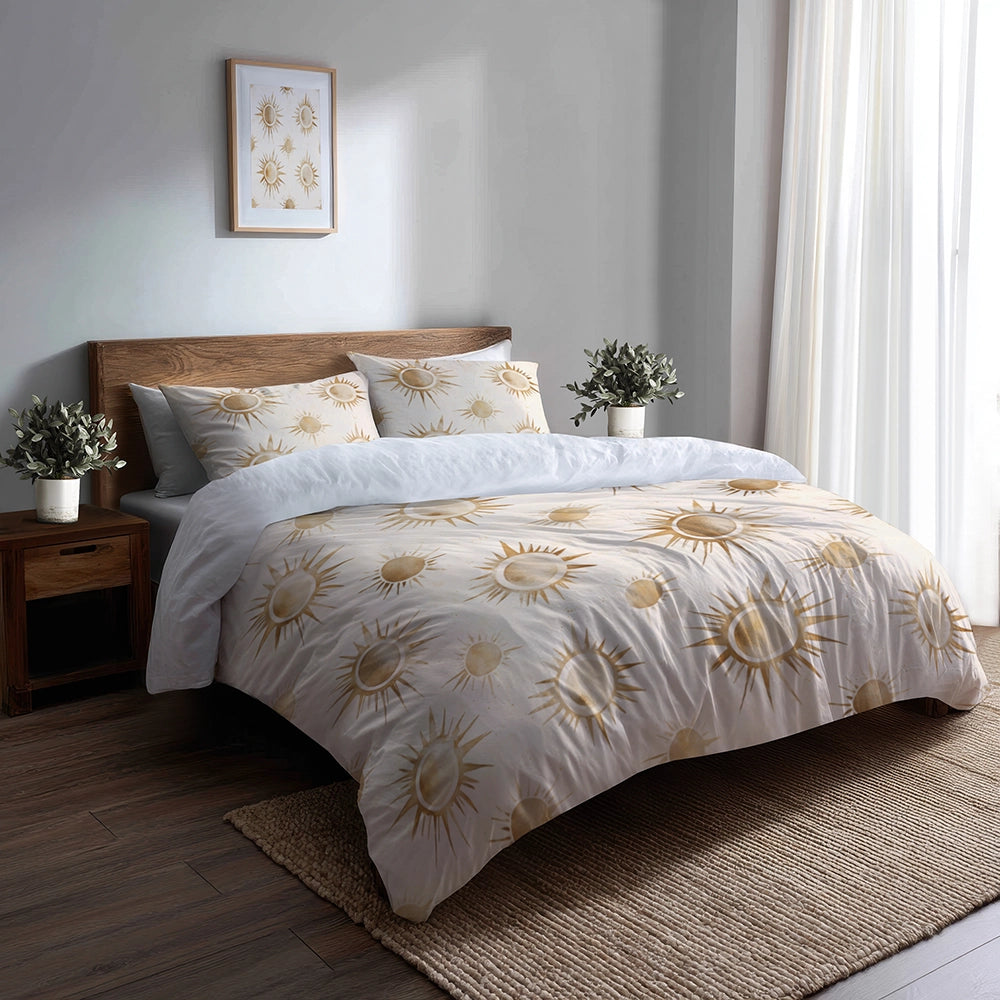 Boho Bedding Set 3 Pcs - Gold And Beige Ethereal Sun Duvet Cover Set