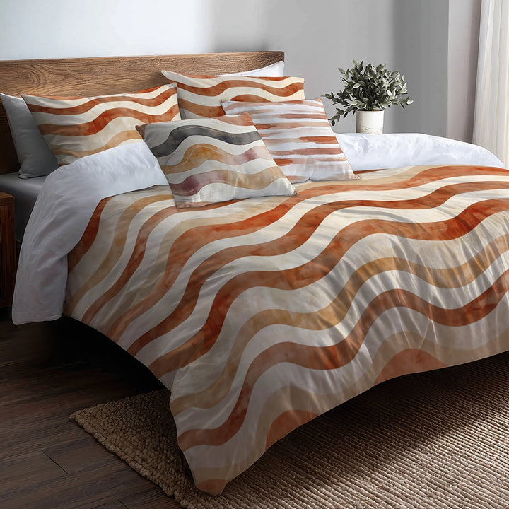Boho Bedding Set of 5 - Orange And Brown Earthy Ripple Duvet Cover And Throw Cushion Set