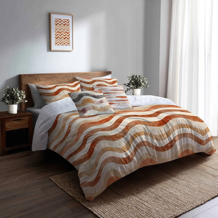 Boho Bedding Set of 5 - Orange And Brown Earthy Ripple Duvet Cover And Throw Cushion Set