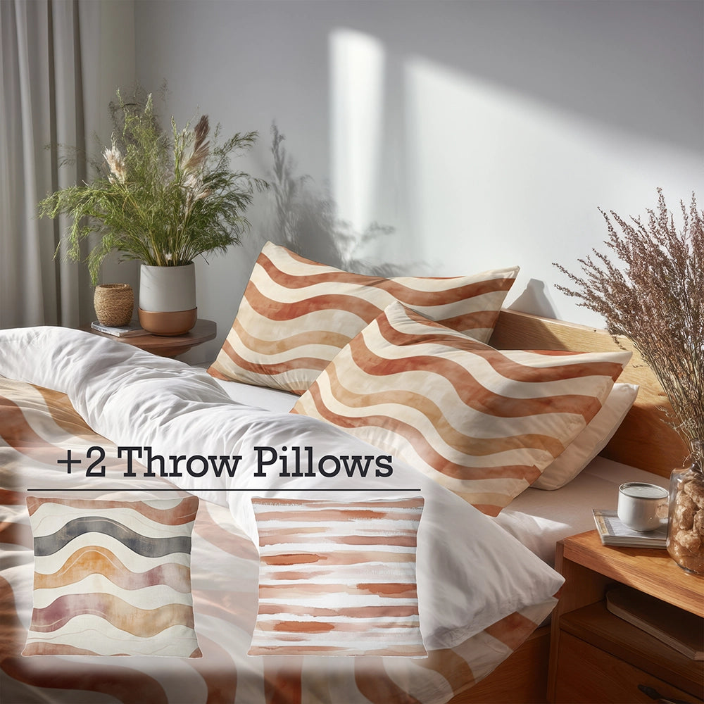 Boho Bedding Set of 5 - Orange And Brown Earthy Ripple Duvet Cover And Throw Cushion Set