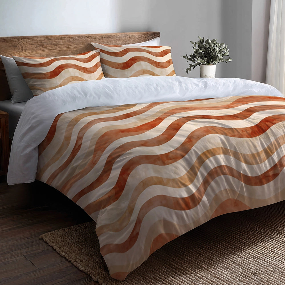 Boho Bedding Set of 5 - Orange And Brown Earthy Ripple Duvet Cover And Throw Cushion Set