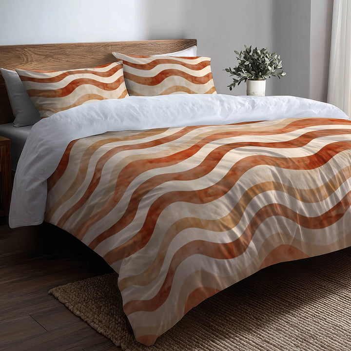 Boho Bedding Set of 5 - Orange And Brown Earthy Ripple Duvet Cover And Throw Cushion Set