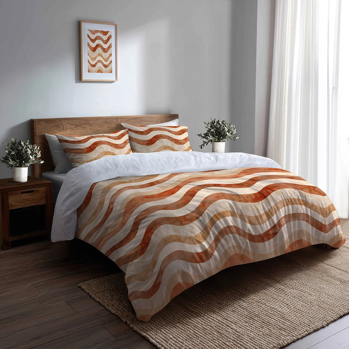 Boho Bedding Set of 5 - Orange And Brown Earthy Ripple Duvet Cover And Throw Cushion Set