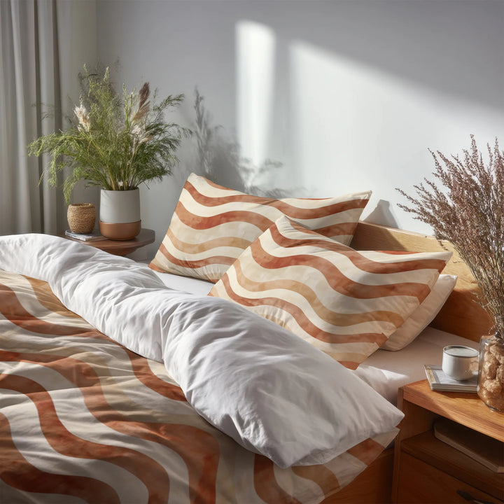 Boho Bedding Set of 5 - Orange And Brown Earthy Ripple Duvet Cover And Throw Cushion Set