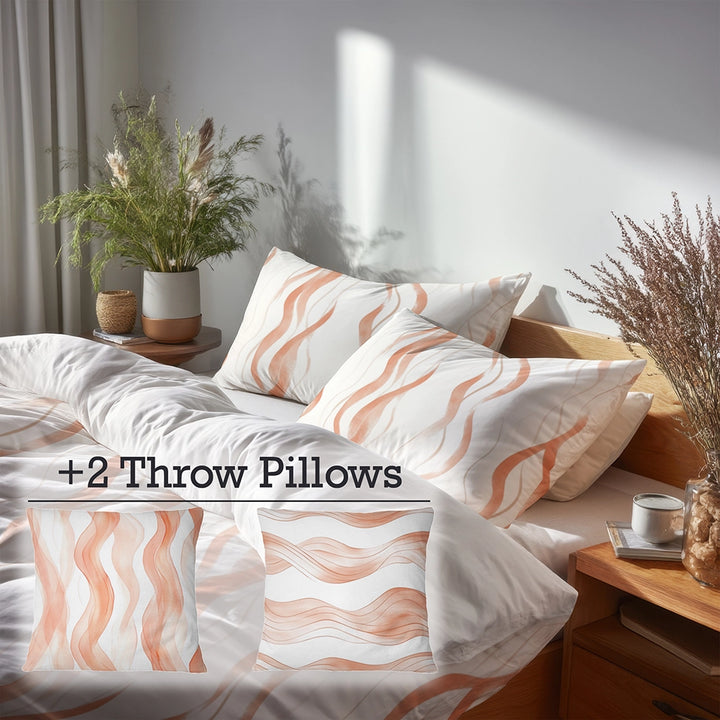Abstract Bedding Set 5 Pcs - Orange And White Terra Lines Duvet Cover And Throw Pillow Set