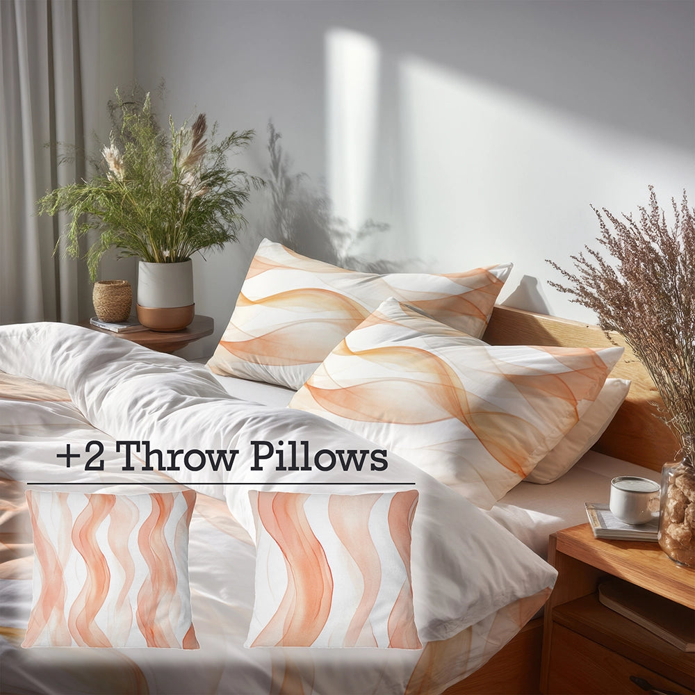 Abstract 5 Pcs Bedding Set - Orange And White Terra Lines Duvet Cover And Pillow Set