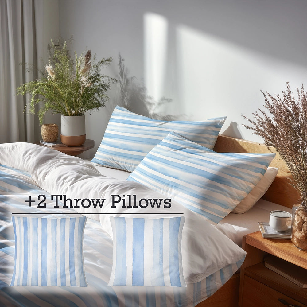 Striped Duvet Cover Set of 5 - Blue And White Soft Blue Stripes Bedding And Throw Pillow Set