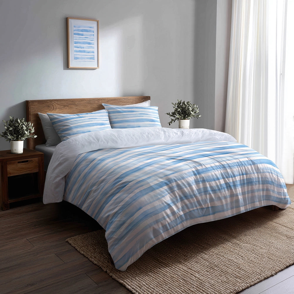 Striped Duvet Cover Set of 5 - Blue And White Soft Blue Stripes Bedding And Throw Pillow Set