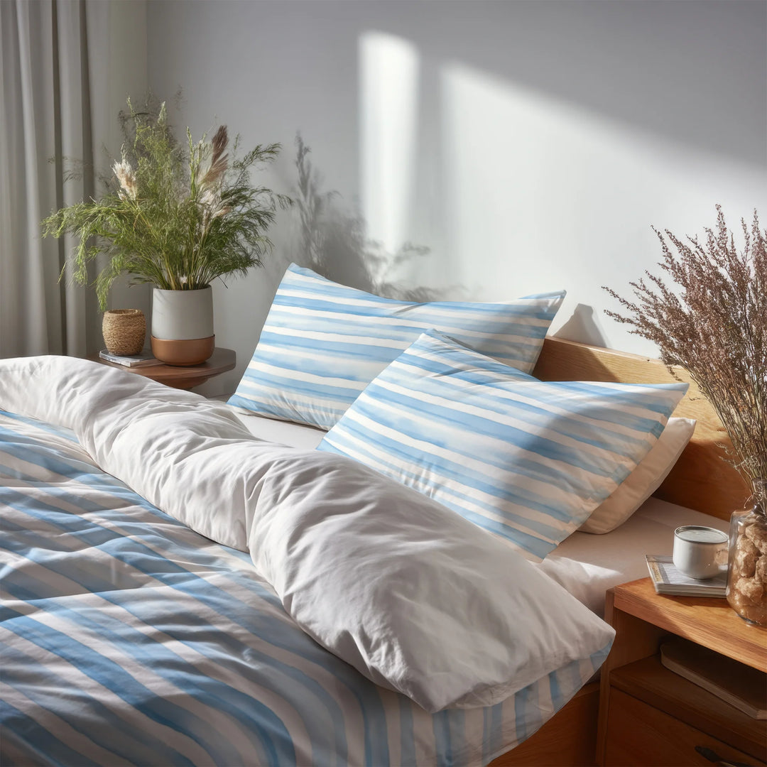 Striped Duvet Cover Set of 5 - Blue And White Soft Blue Stripes Bedding And Throw Pillow Set