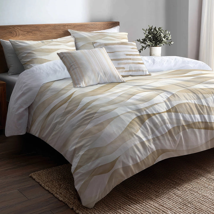 Modern Bedding Set - Beige Beige Waves Duvet Cover And Cushion Set
