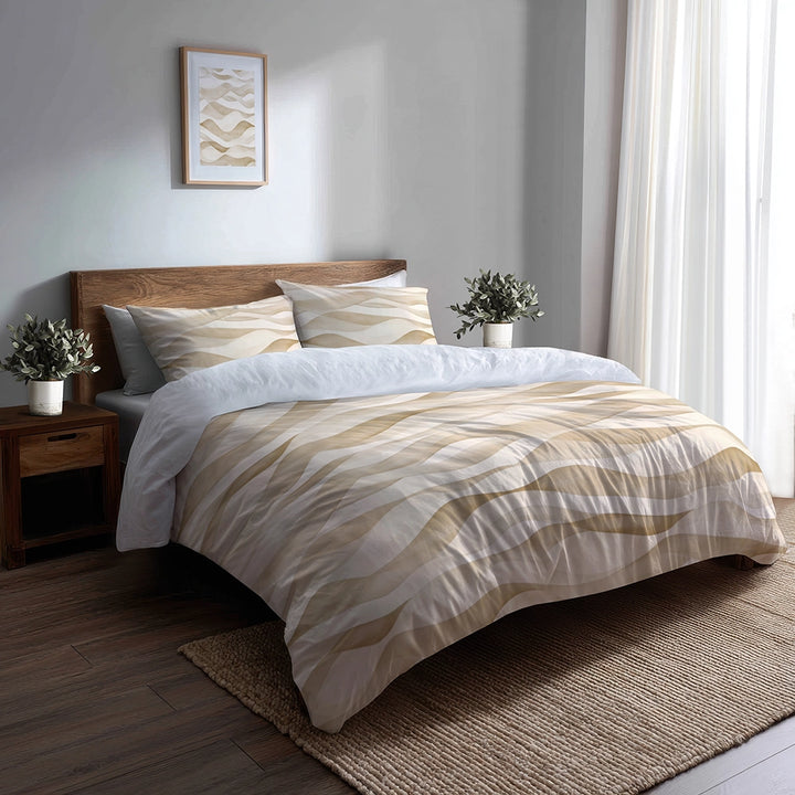 Modern Bedding Set - Beige Beige Waves Duvet Cover And Cushion Set