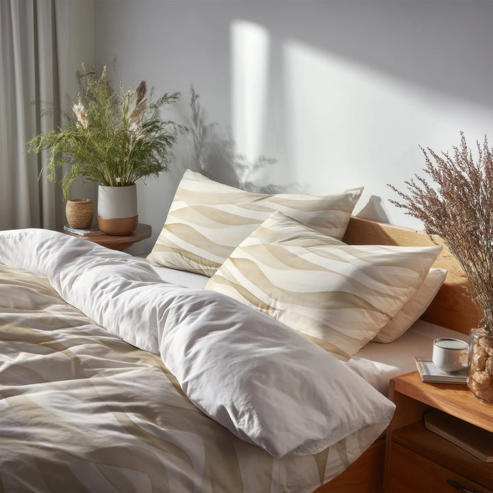 Modern Bedding Set - Beige Beige Waves Duvet Cover And Cushion Set