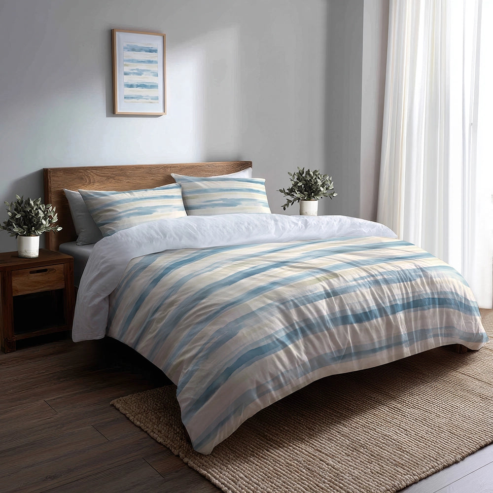 Modern Bedding Set of 3 - Blue And Beige Soft Horizon Duvet Cover Set