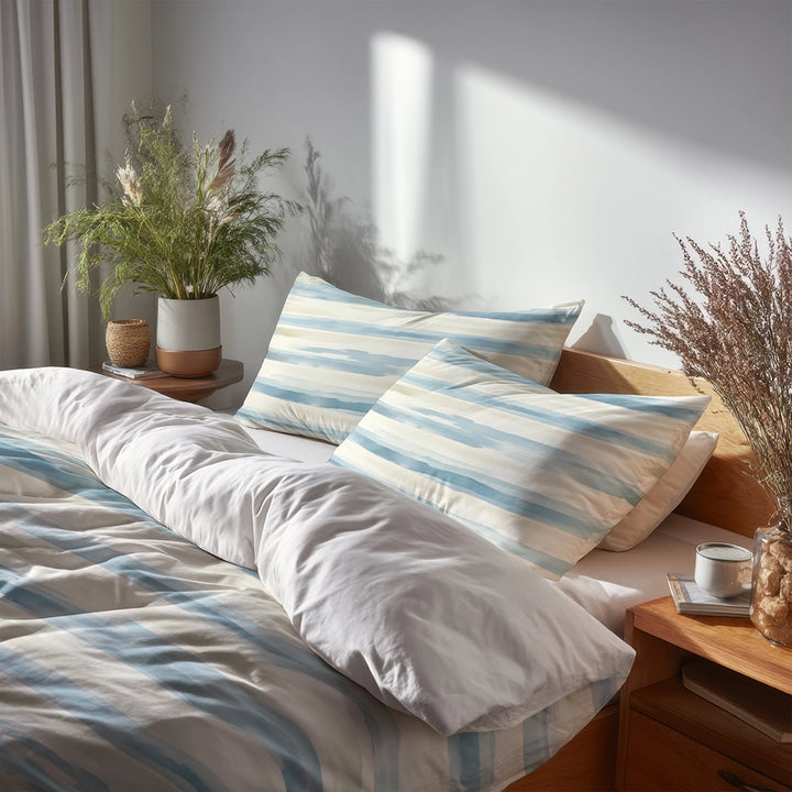 Modern Bedding Set of 3 - Blue And Beige Soft Horizon Duvet Cover Set