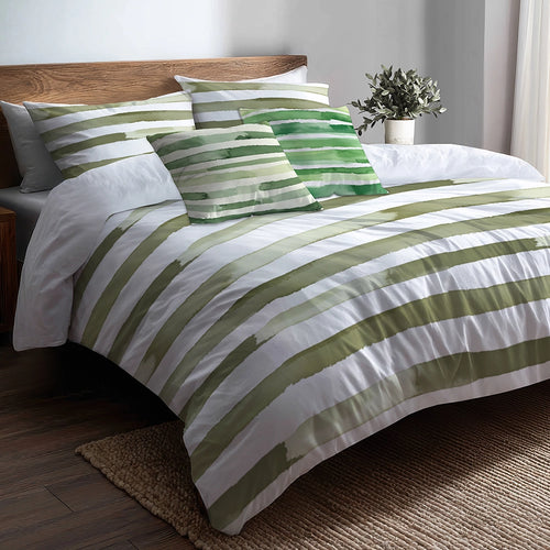 Country / Farmhouse Bedding Set of 5 - Green And White Olive Drift Duvet Cover And Throw Cushion Set