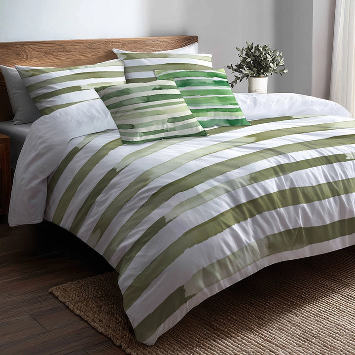 Country / Farmhouse Bedding Set of 5 - Green And White Olive Drift Duvet Cover And Throw Cushion Set