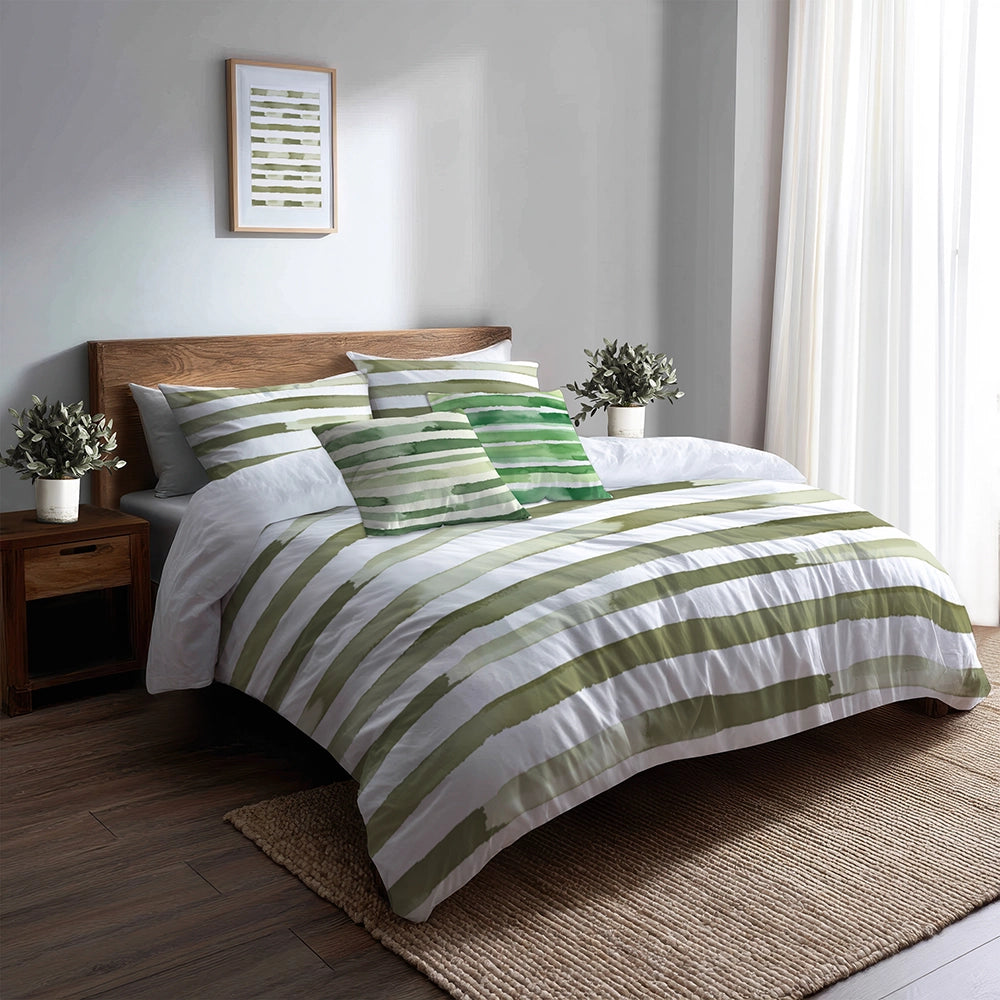 Country / Farmhouse Bedding Set of 5 - Green And White Olive Drift Duvet Cover And Throw Cushion Set