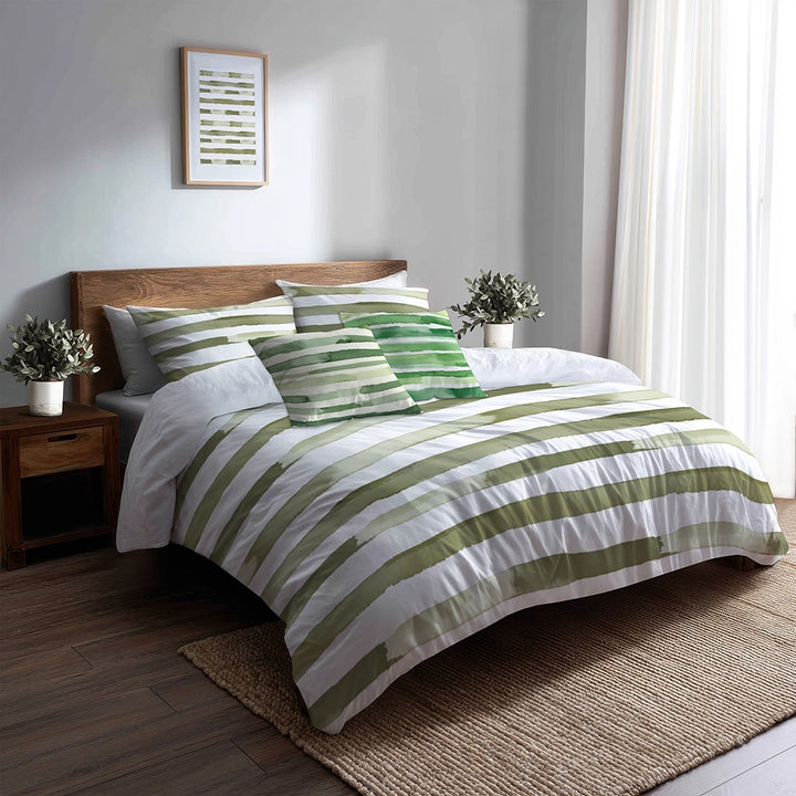Country / Farmhouse Bedding Set of 5 - Green And White Olive Drift Duvet Cover And Throw Cushion Set