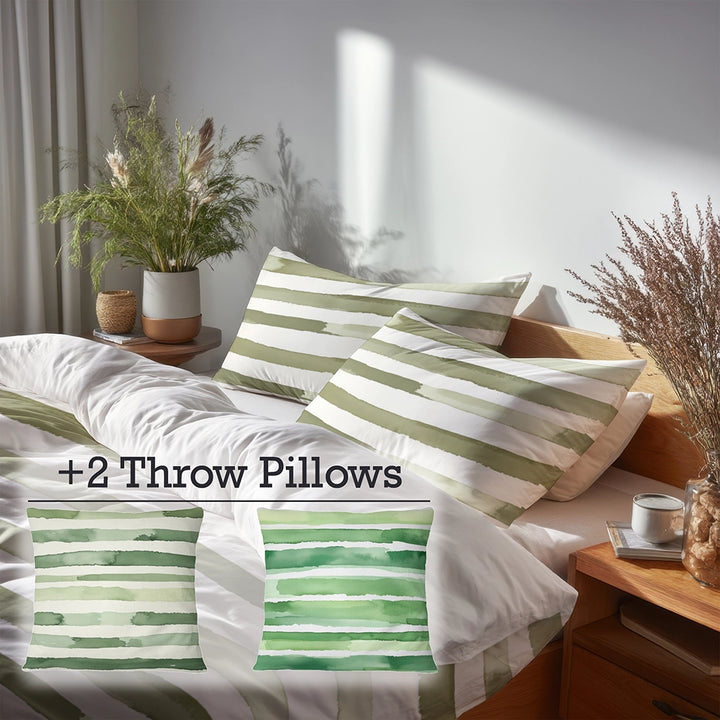 Country / Farmhouse Bedding Set of 5 - Green And White Olive Drift Duvet Cover And Throw Cushion Set