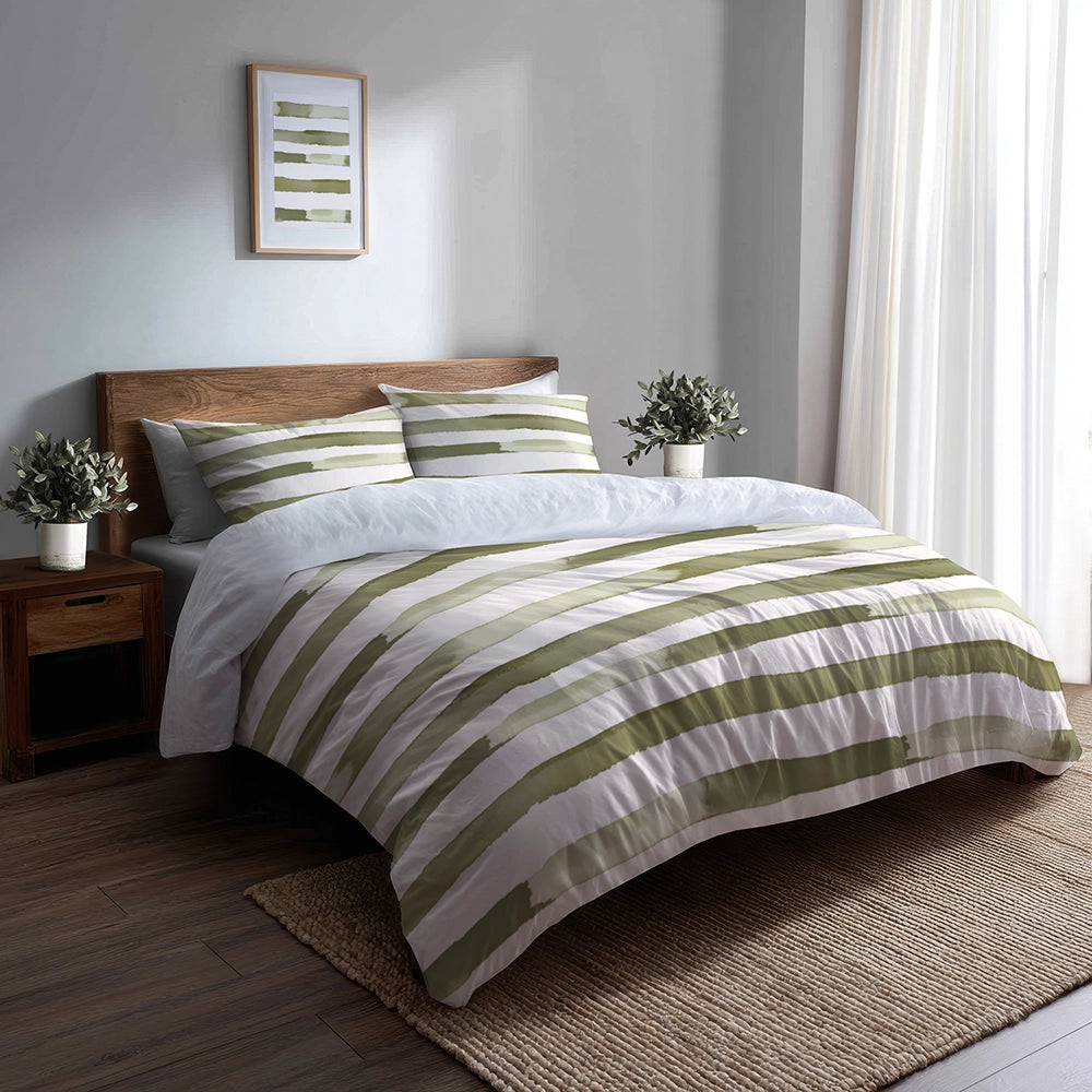 Country / Farmhouse Bedding Set of 5 - Green And White Olive Drift Duvet Cover And Throw Cushion Set