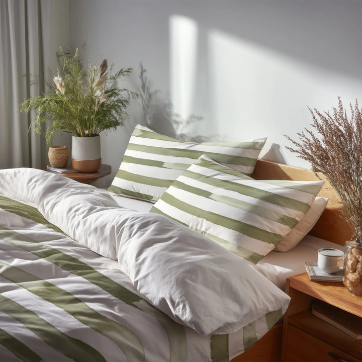 Country / Farmhouse Bedding Set of 5 - Green And White Olive Drift Duvet Cover And Throw Cushion Set