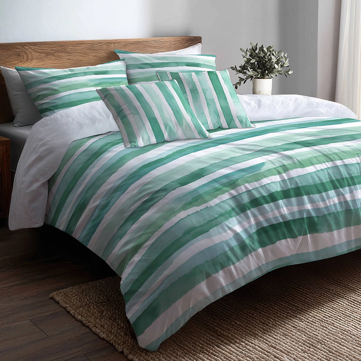Coastal Bedding Set of 5 - Mint Breeze Stripes Duvet Cover And Throw Pillow Set