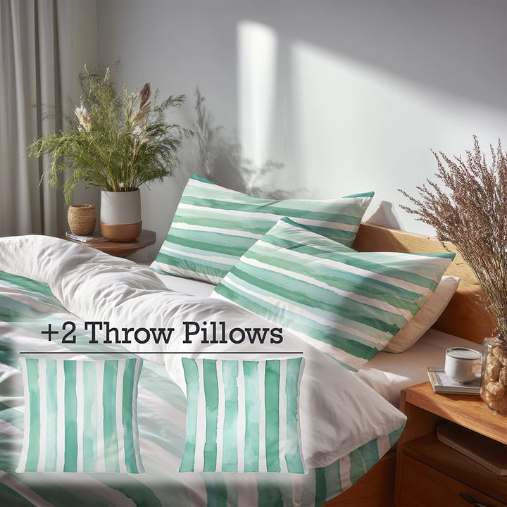 Coastal Bedding Set of 5 - Mint Breeze Stripes Duvet Cover And Throw Pillow Set
