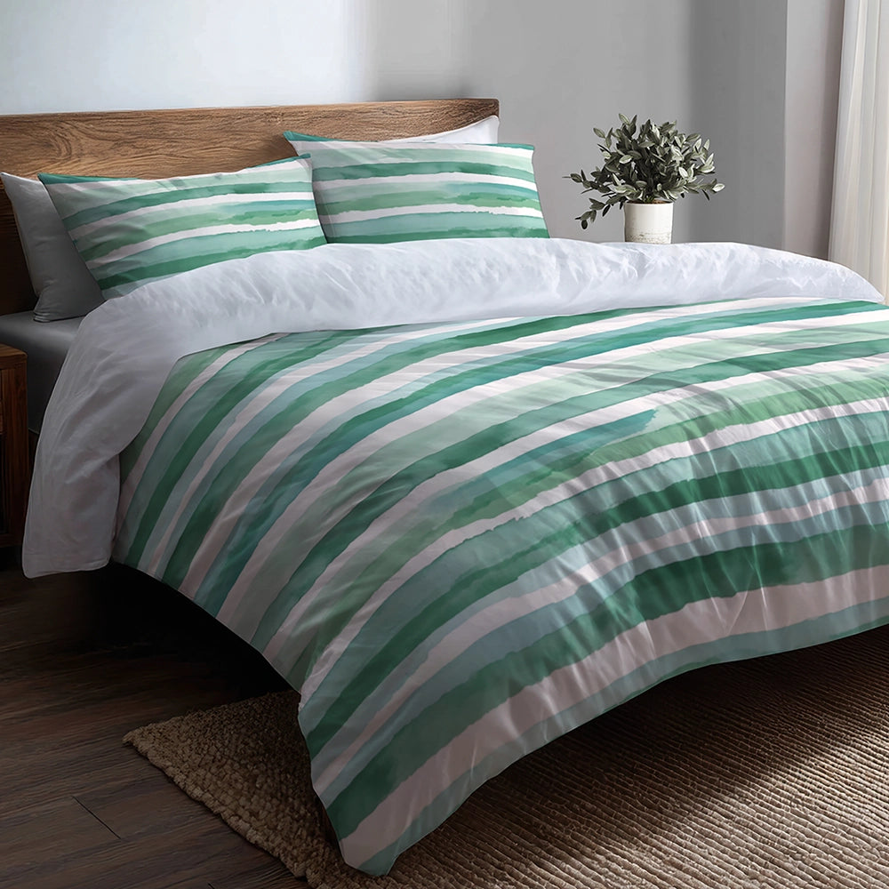 Coastal Bedding Set of 5 - Mint Breeze Stripes Duvet Cover And Throw Pillow Set