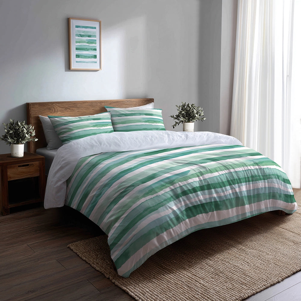 Coastal Bedding Set of 5 - Mint Breeze Stripes Duvet Cover And Throw Pillow Set