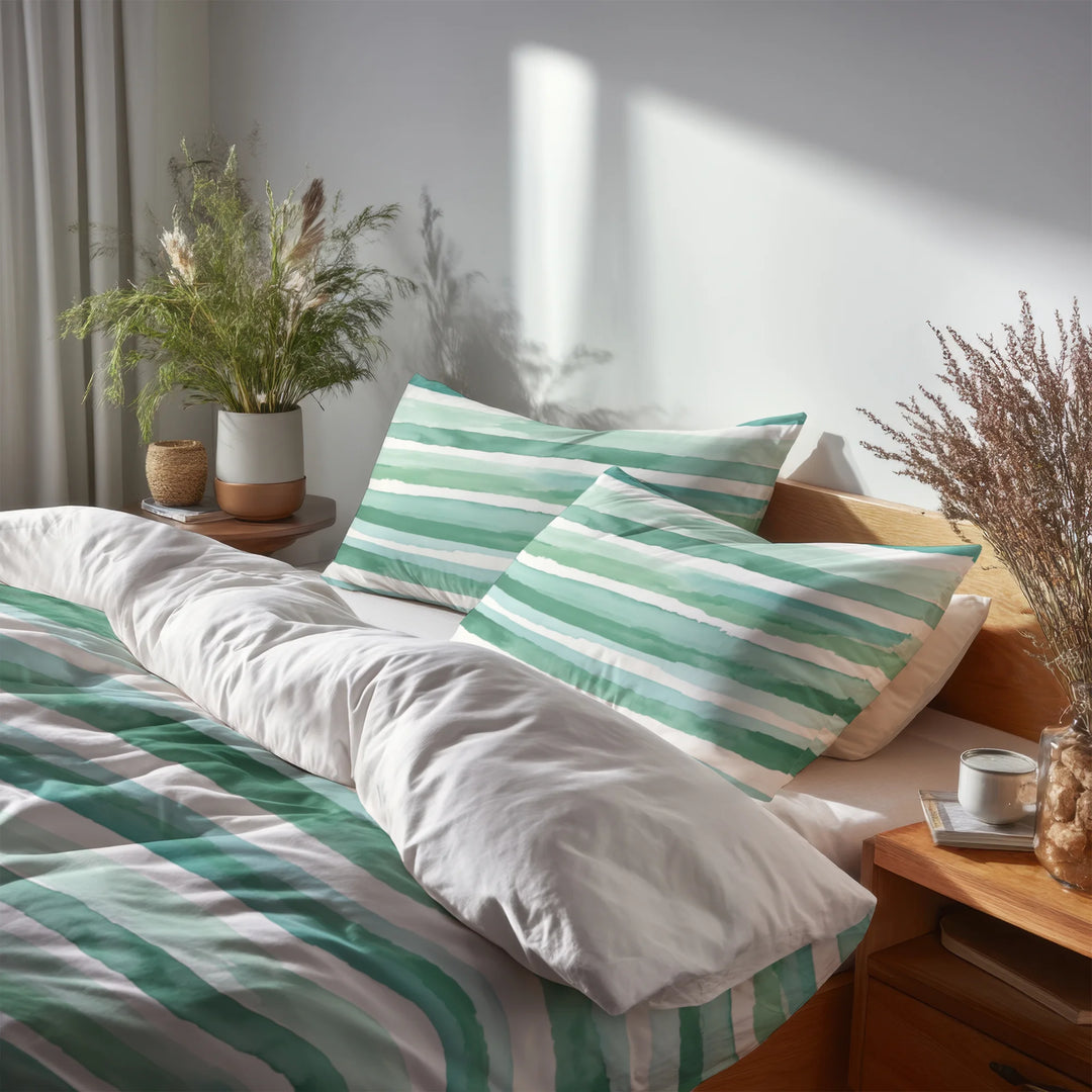 Coastal Bedding Set of 5 - Mint Breeze Stripes Duvet Cover And Throw Pillow Set
