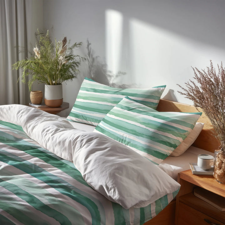 Coastal Bedding Set of 5 - Mint Breeze Stripes Duvet Cover And Throw Pillow Set