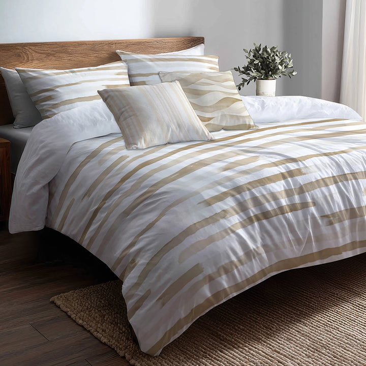 Striped Duvet Cover Set of 5 - Beige And White Neutral Air Lines Bedding And Throw Pillow Set