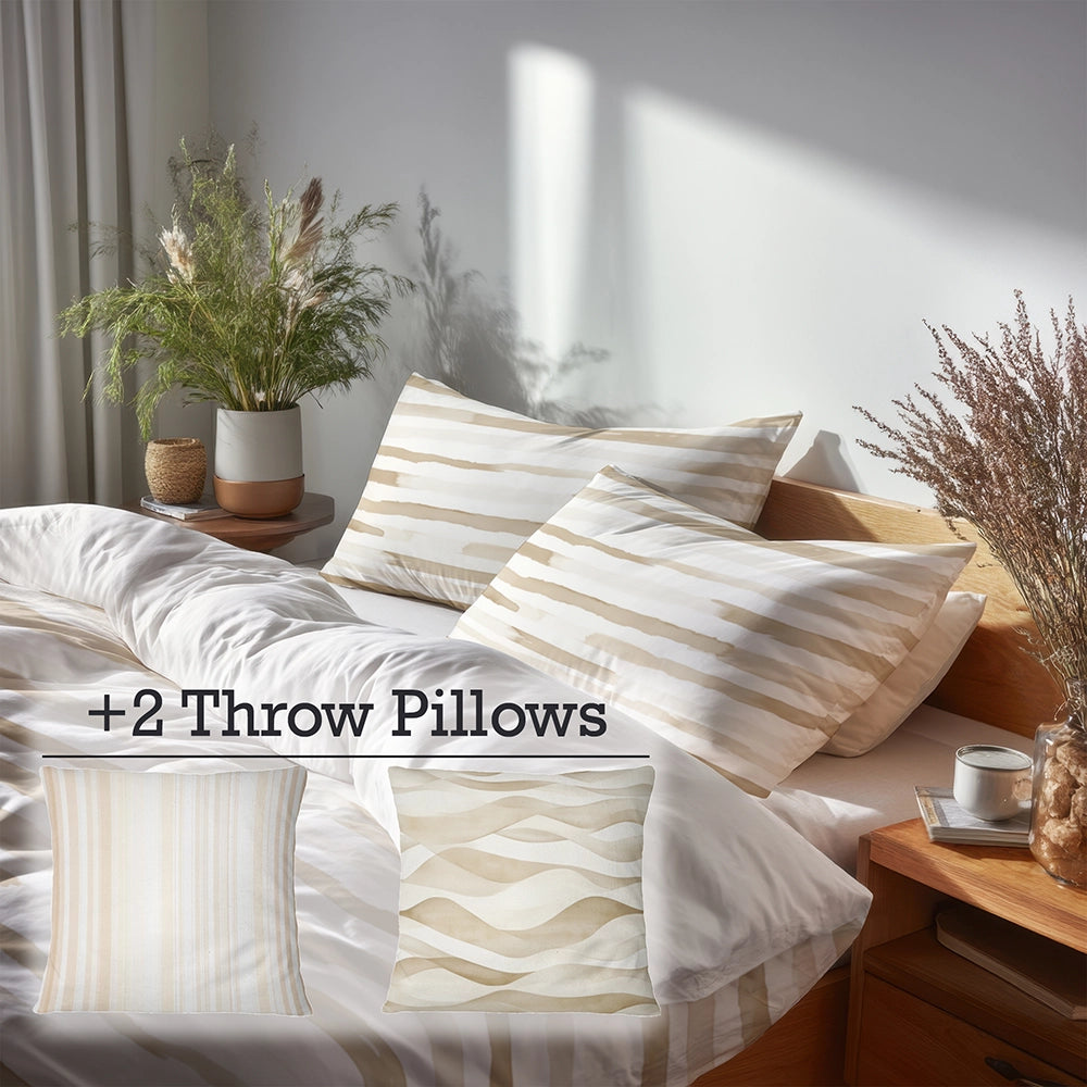 Striped Duvet Cover Set of 5 - Beige And White Neutral Air Lines Bedding And Throw Pillow Set