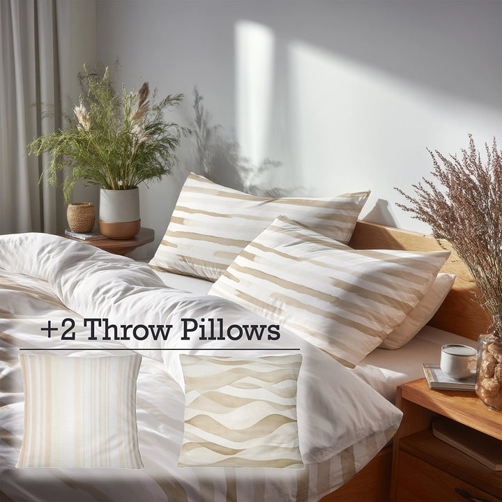 Striped Duvet Cover Set of 5 - Beige And White Neutral Air Lines Bedding And Throw Pillow Set