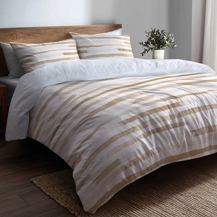 Striped Duvet Cover Set of 5 - Beige And White Neutral Air Lines Bedding And Throw Pillow Set