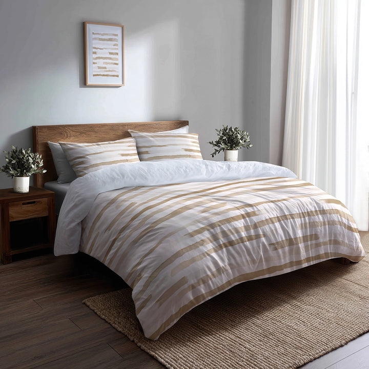 Striped Duvet Cover Set of 5 - Beige And White Neutral Air Lines Bedding And Throw Pillow Set