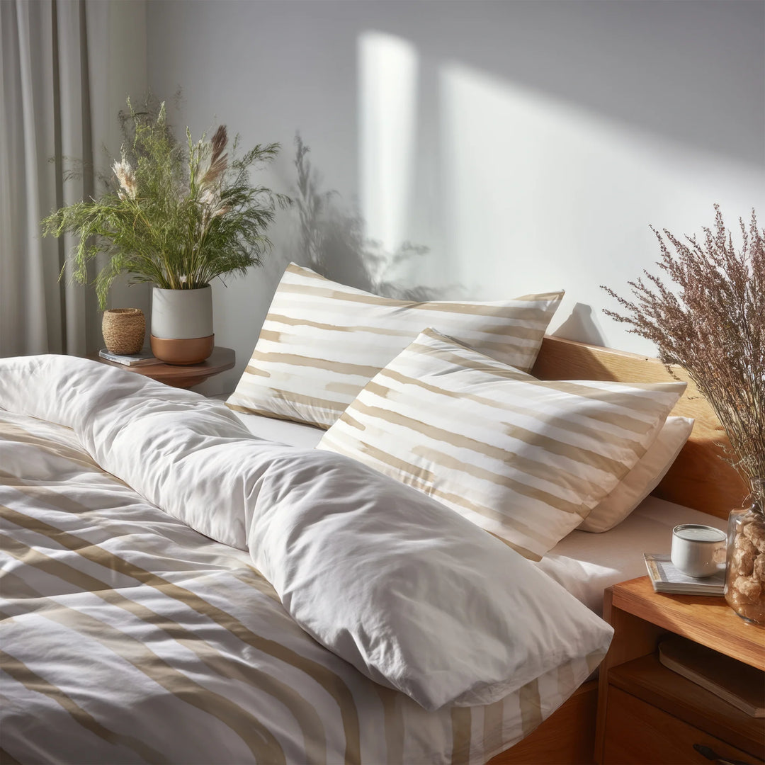 Striped Duvet Cover Set of 5 - Beige And White Neutral Air Lines Bedding And Throw Pillow Set