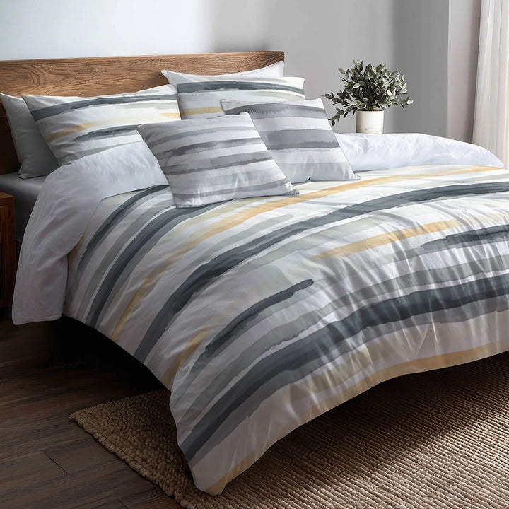 Modern Bedding Set of 5 - Grey And Yellow Neutral Air Lines Duvet Cover And Throw Cushion Set