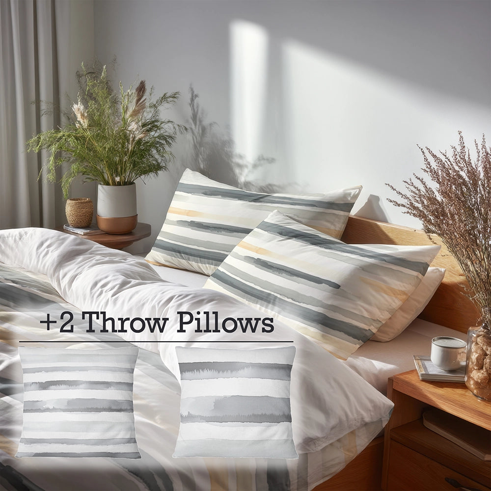 Modern Bedding Set of 5 - Grey And Yellow Neutral Air Lines Duvet Cover And Throw Cushion Set