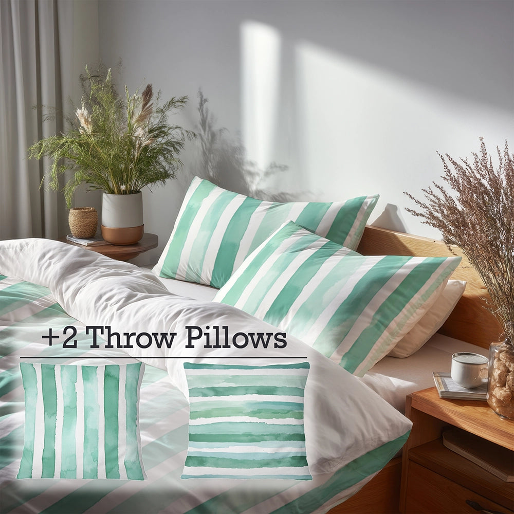 Coastal Bedding Set - Mint Breeze Stripes Duvet Cover And Cushion Set